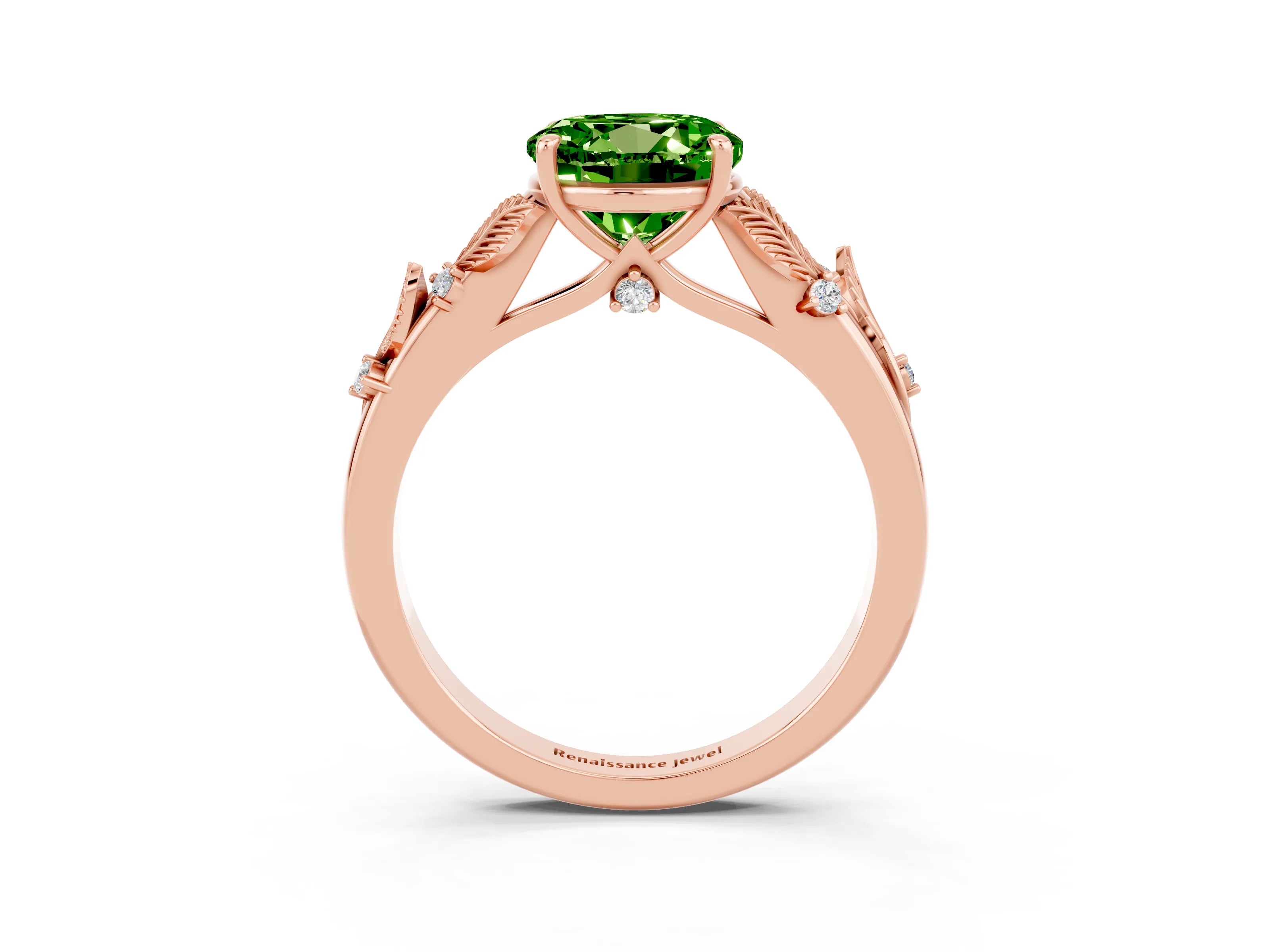Rose gold Round Cut Peridot Solitaire Ring with Leaf Motif Band and Four-Prong Setting_3