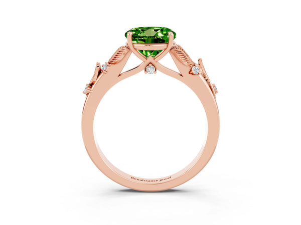 Rose gold Round Cut Peridot Solitaire Ring with Leaf Motif Band and Four-Prong Setting
