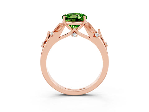 Rose gold Round Cut Peridot Solitaire Ring with Leaf Motif Band and Four-Prong Setting_3