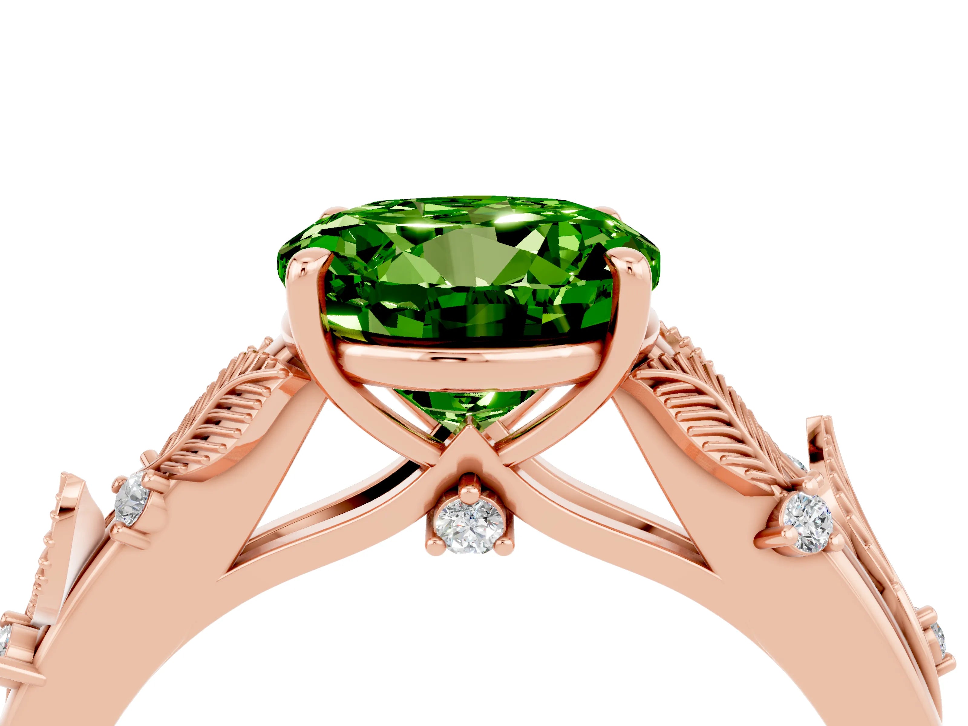 Rose gold Round Cut Peridot Solitaire Ring with Leaf Motif Band and Four-Prong Setting_4