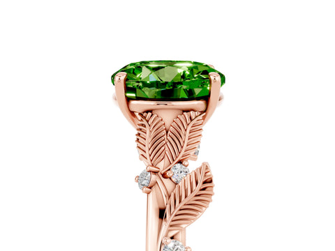 Rose gold Round Cut Peridot Solitaire Ring with Leaf Motif Band and Four-Prong Setting_5