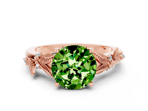Rose gold Round Cut Peridot Solitaire Ring with Leaf Motif Band and Four-Prong Setting