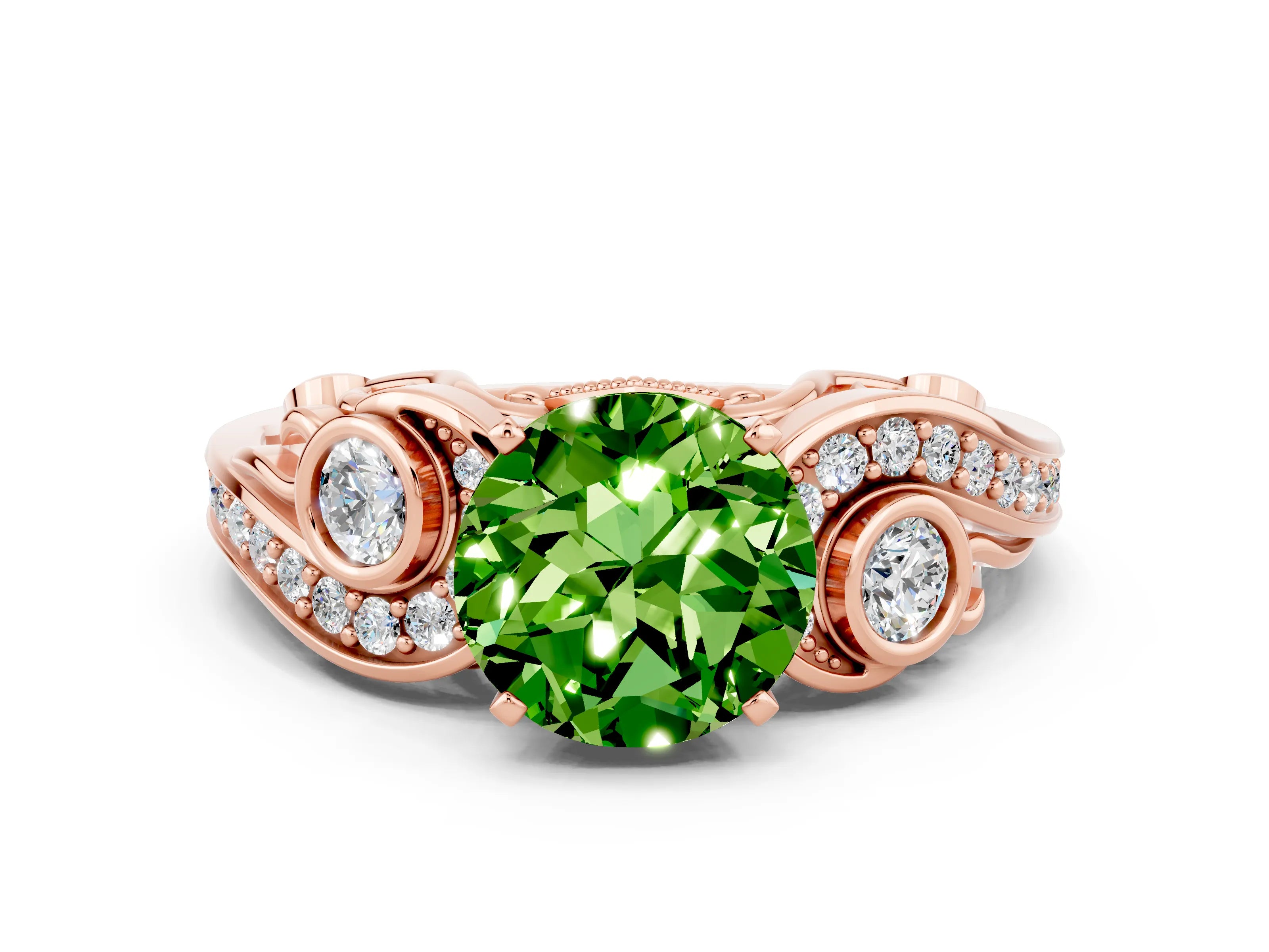 Rose gold Round Cut Peridot Solitaire Ring with Milgrain Pavé Band and Four-Prong Setting_24