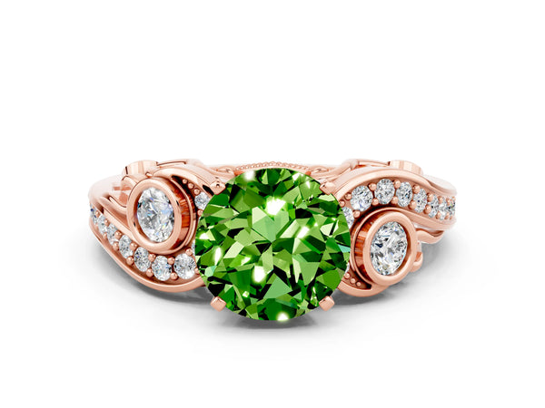 Rose gold Round Cut Peridot Solitaire Ring with Milgrain Pavé Band and Four-Prong Setting