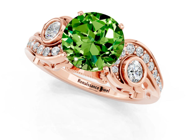 Rose gold Round Cut Peridot Solitaire Ring with Milgrain Pavé Band and Four-Prong Setting