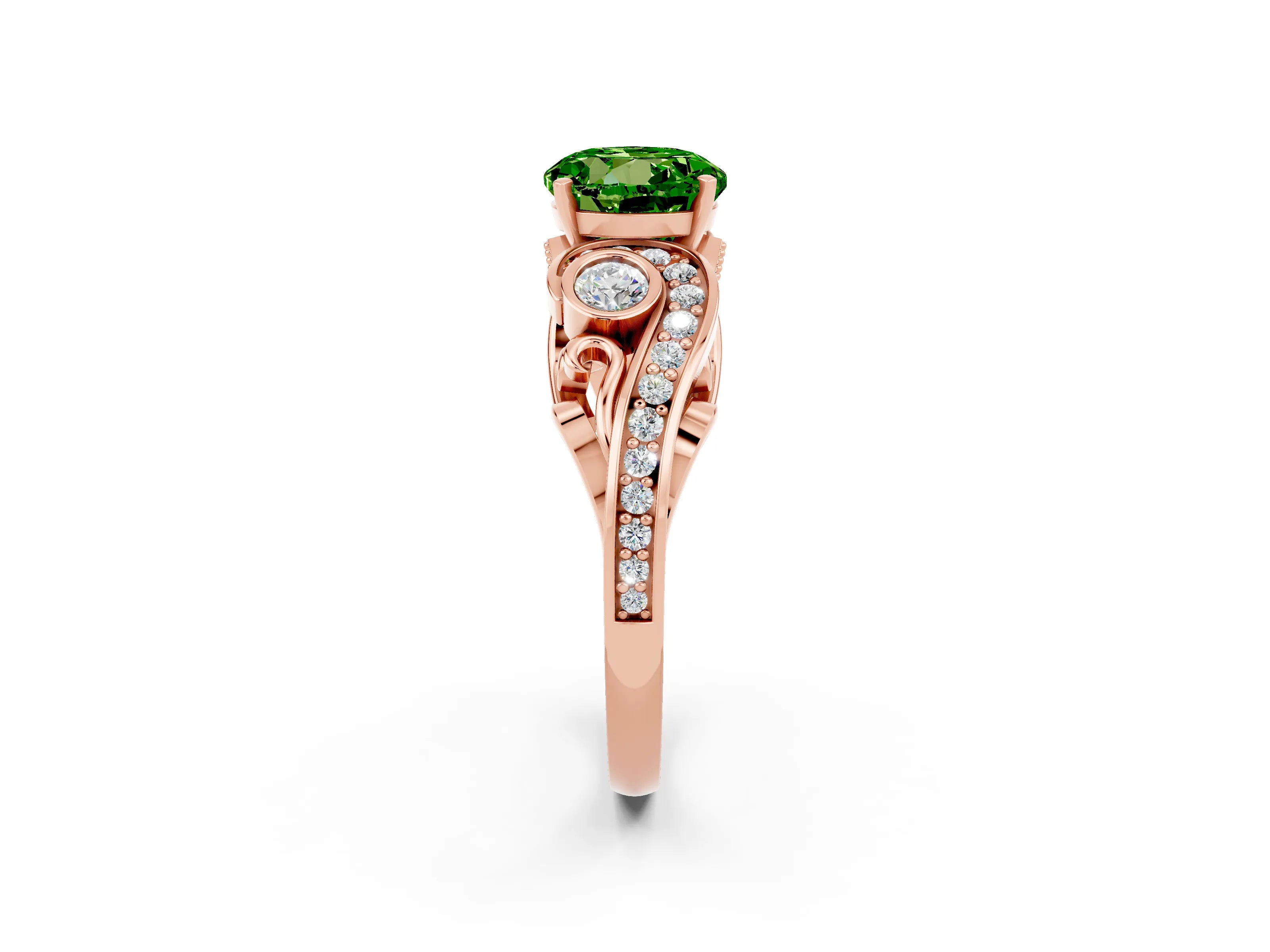 Rose gold Round Cut Peridot Solitaire Ring with Milgrain Pavé Band and Four-Prong Setting_26