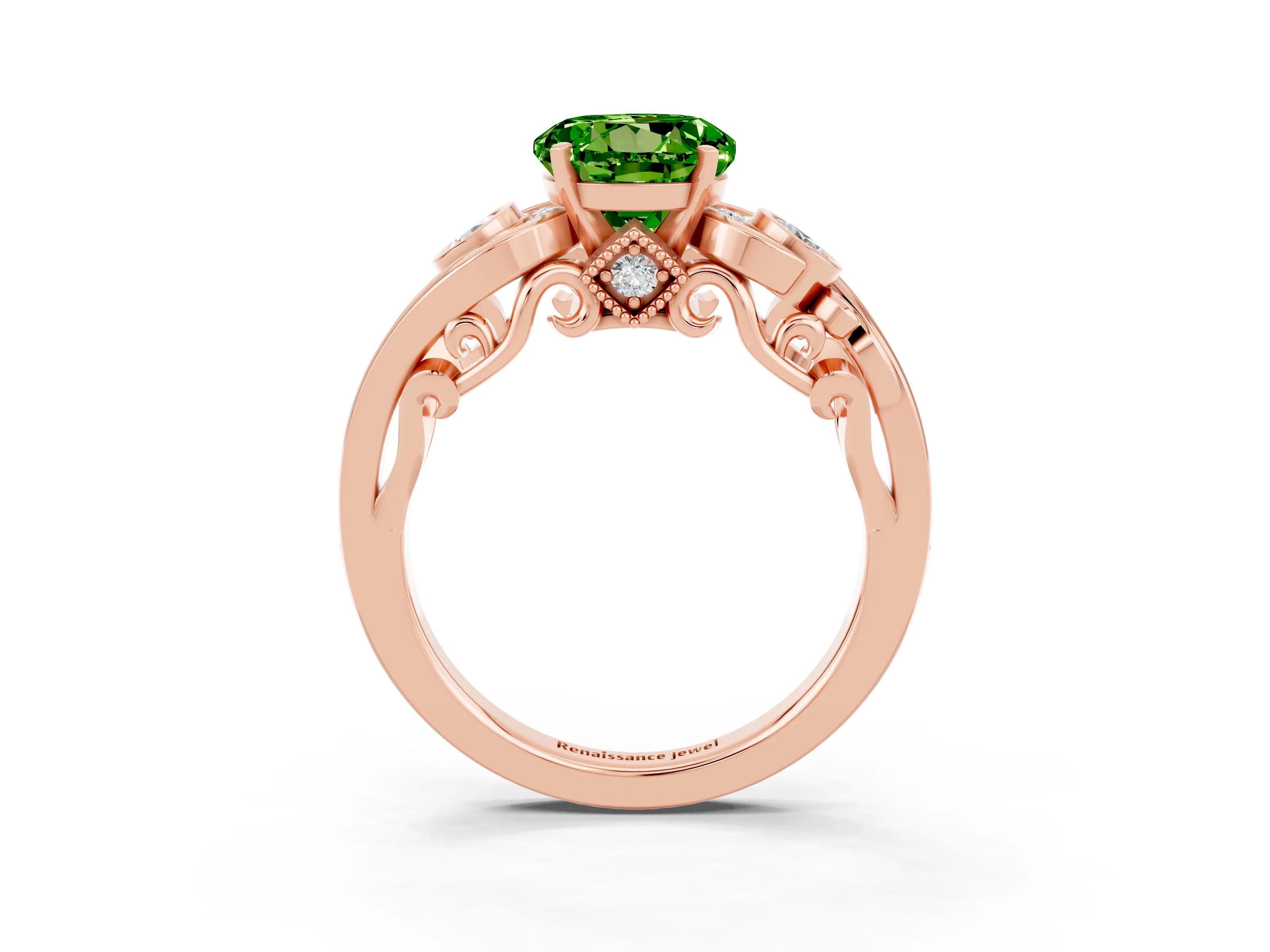 Rose gold Round Cut Peridot Solitaire Ring with Milgrain Pavé Band and Four-Prong Setting_27