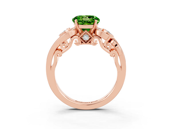 Rose gold Round Cut Peridot Solitaire Ring with Milgrain Pavé Band and Four-Prong Setting