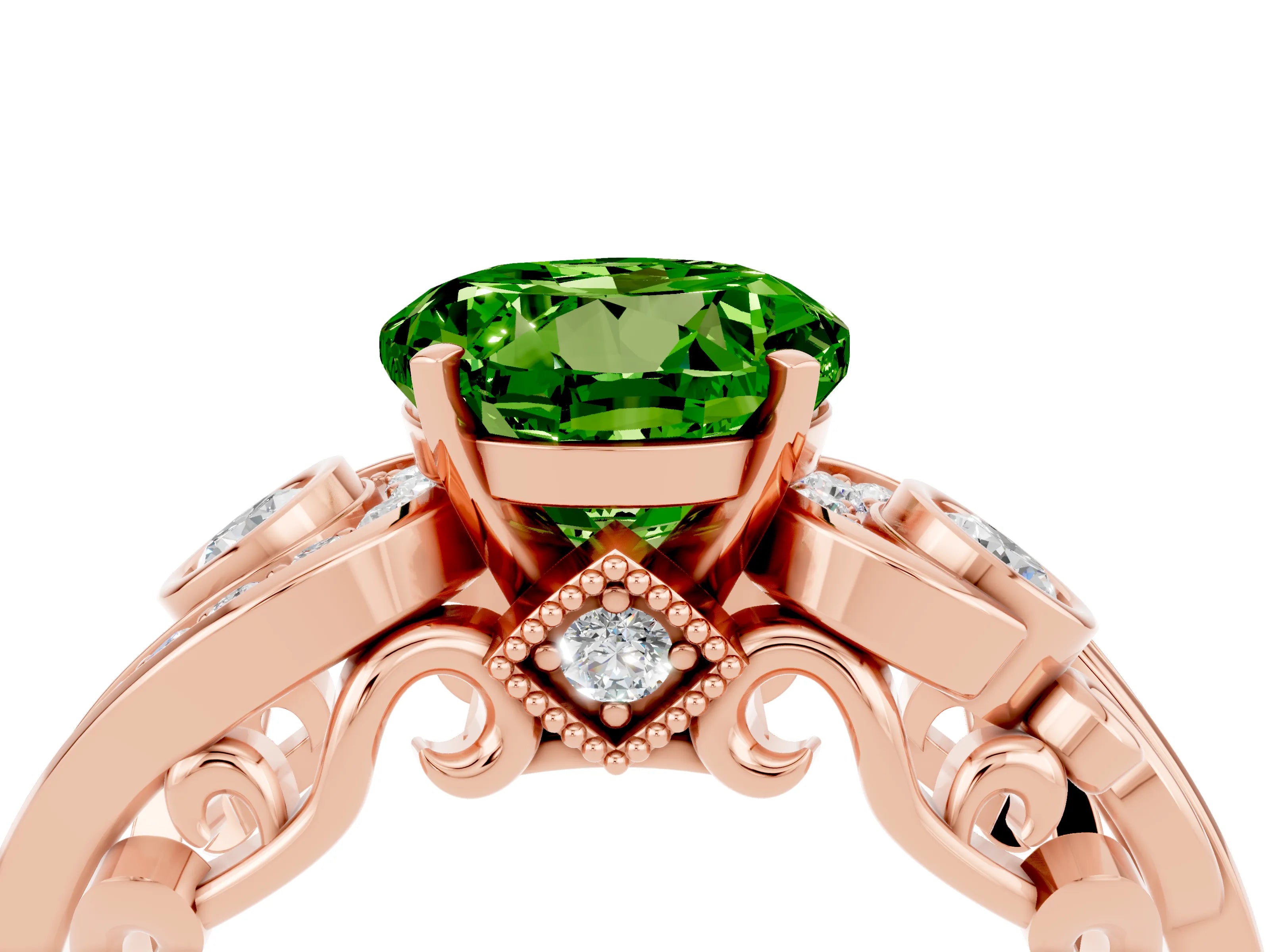 Rose gold Round Cut Peridot Solitaire Ring with Milgrain Pavé Band and Four-Prong Setting_28