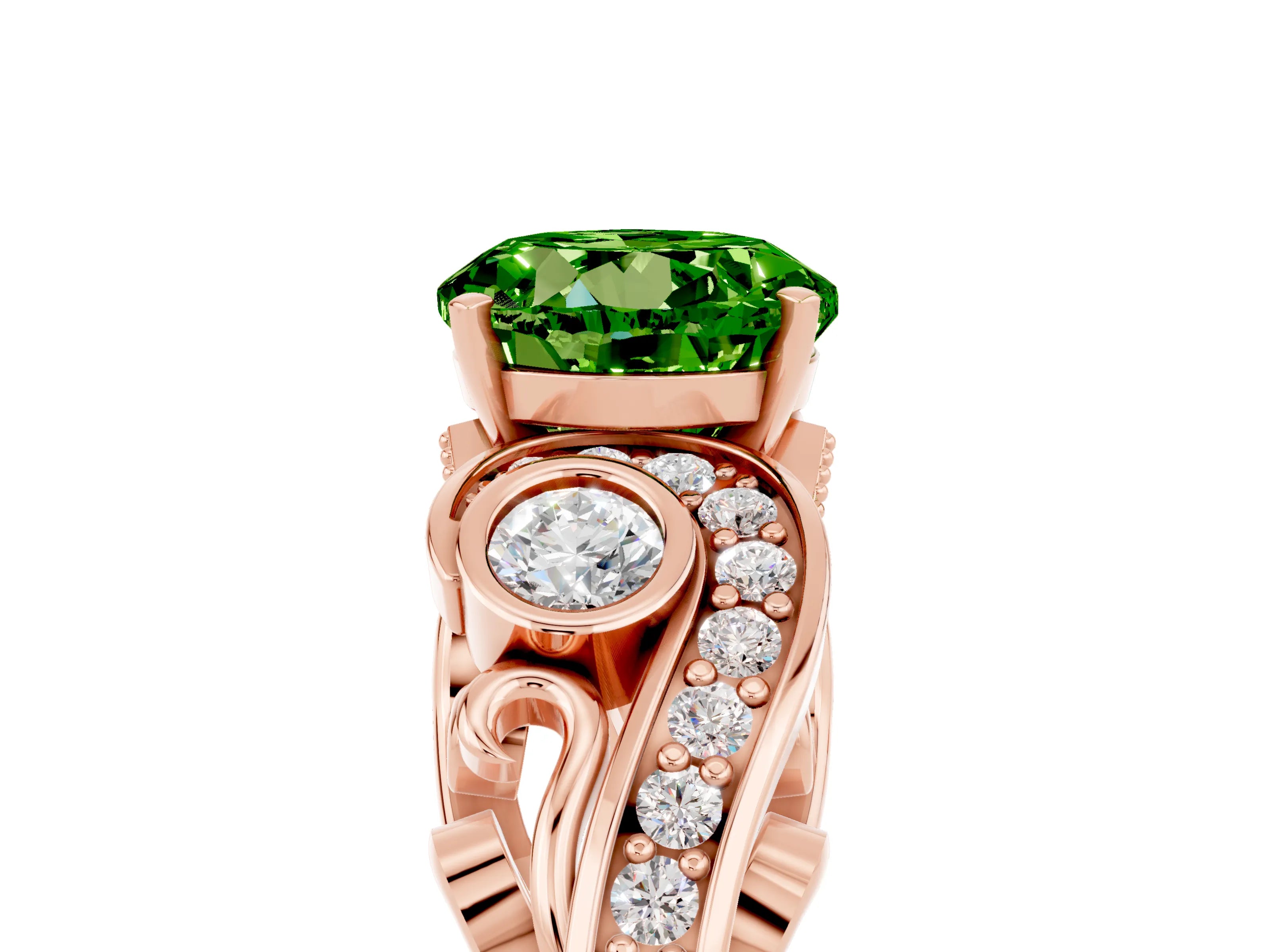Rose gold Round Cut Peridot Solitaire Ring with Milgrain Pavé Band and Four-Prong Setting_29