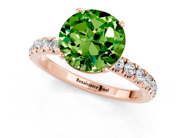 Rose gold Round Cut Peridot Solitaire Ring with Pavé Accents and Four-Prong Setting