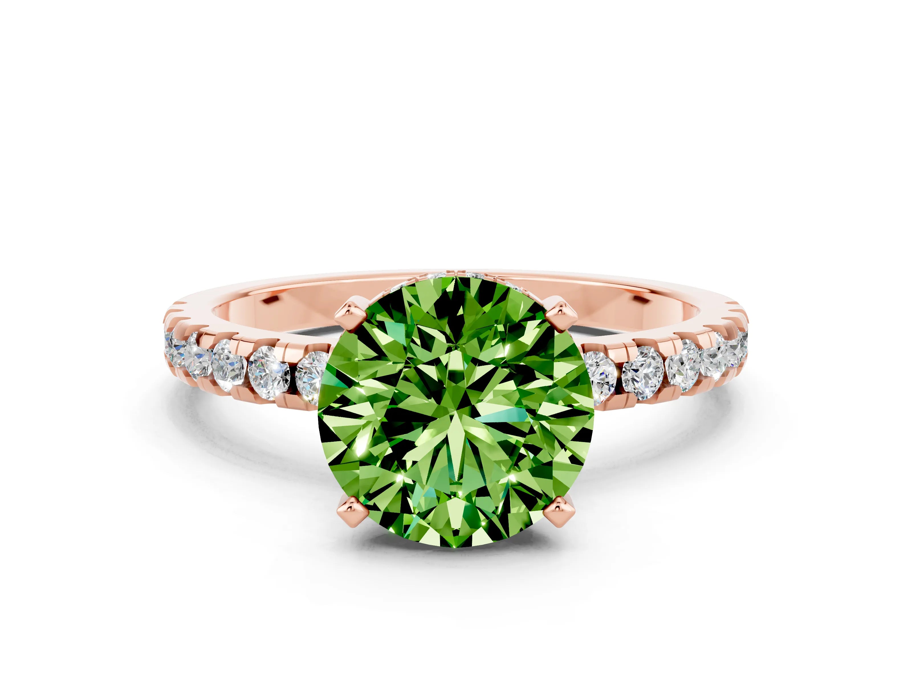 Rose gold Round Cut Peridot Solitaire Ring with Pavé Band and Four-Prong Setting_24
