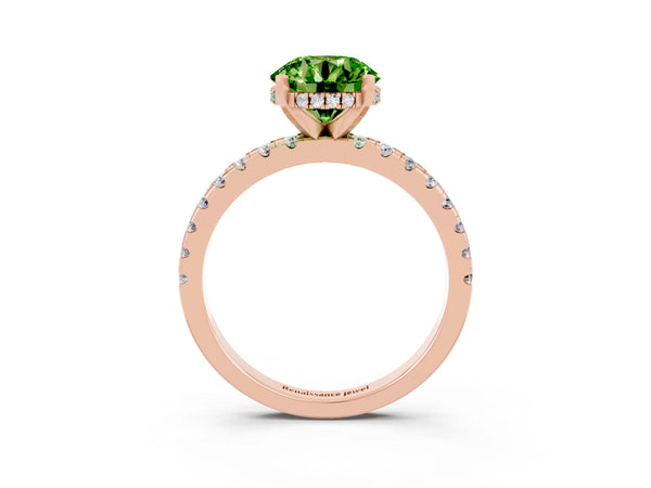 Rose gold Round Cut Peridot Solitaire Ring with Round  Pavé Band and Four-Prong Setting