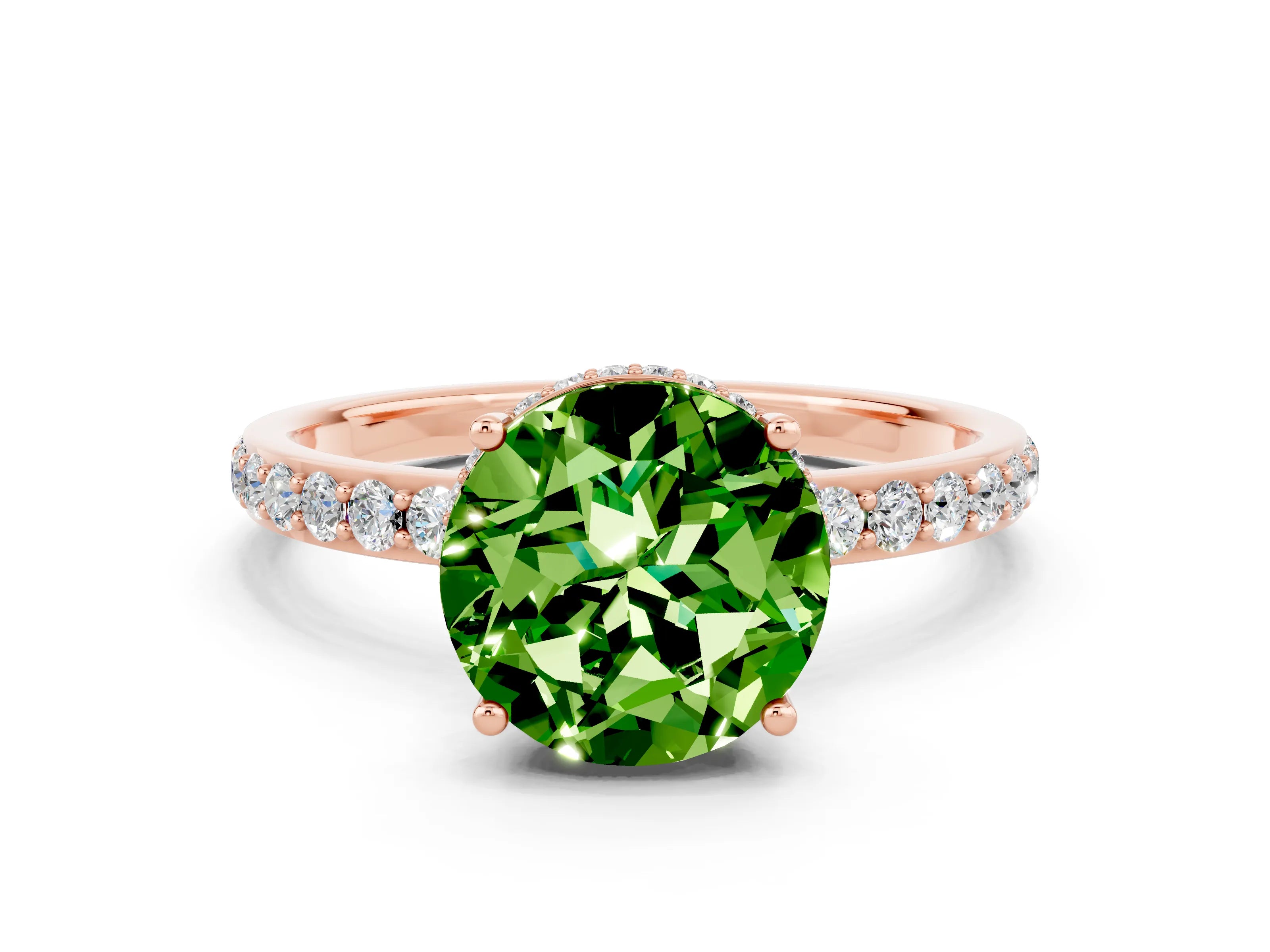 Rose gold Round Cut Peridot Solitaire Ring with Pavé Band and Hidden Halo_12