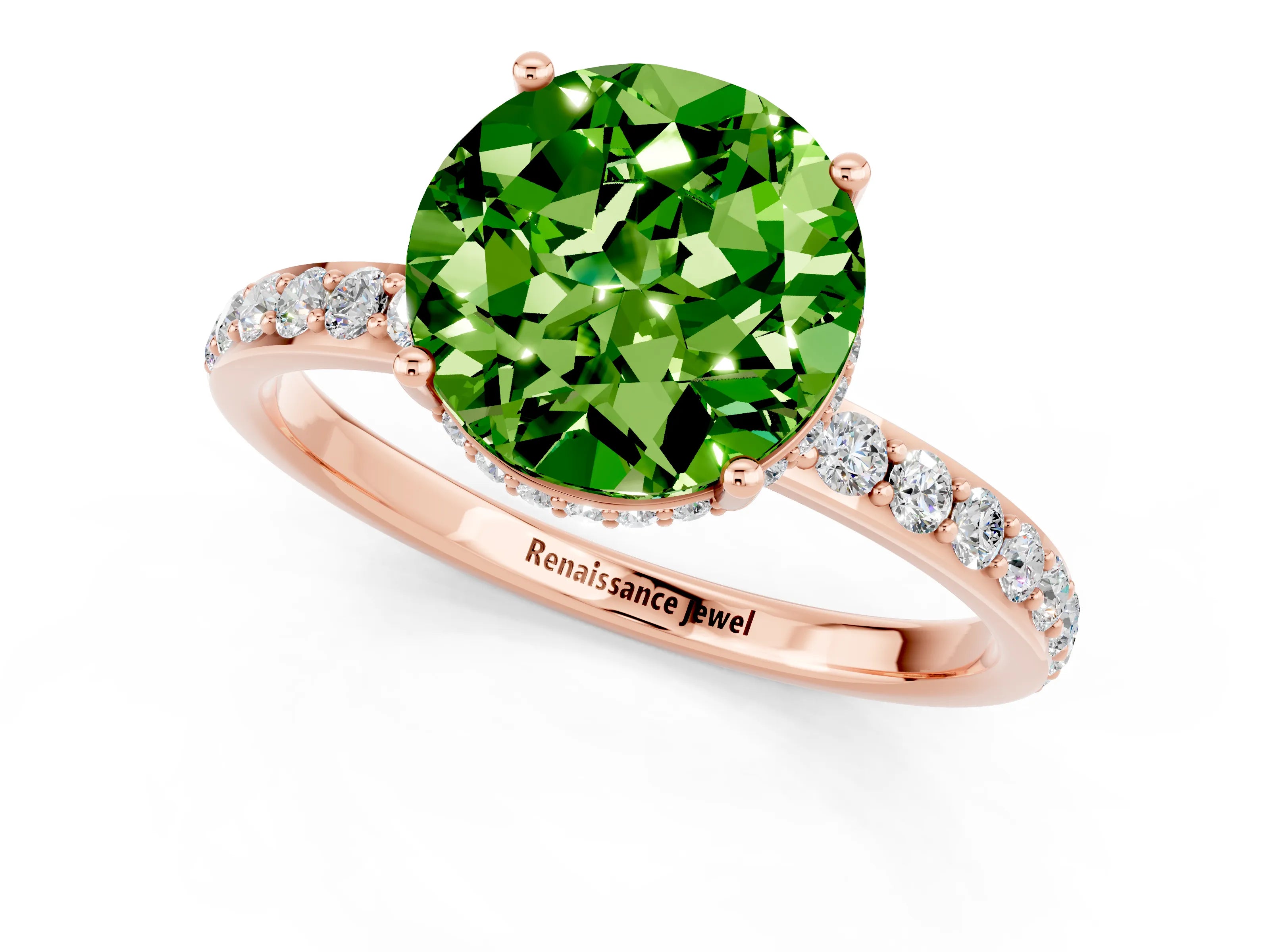 Rose gold Round Cut Peridot Solitaire Ring with Pavé Band and Hidden Halo_13