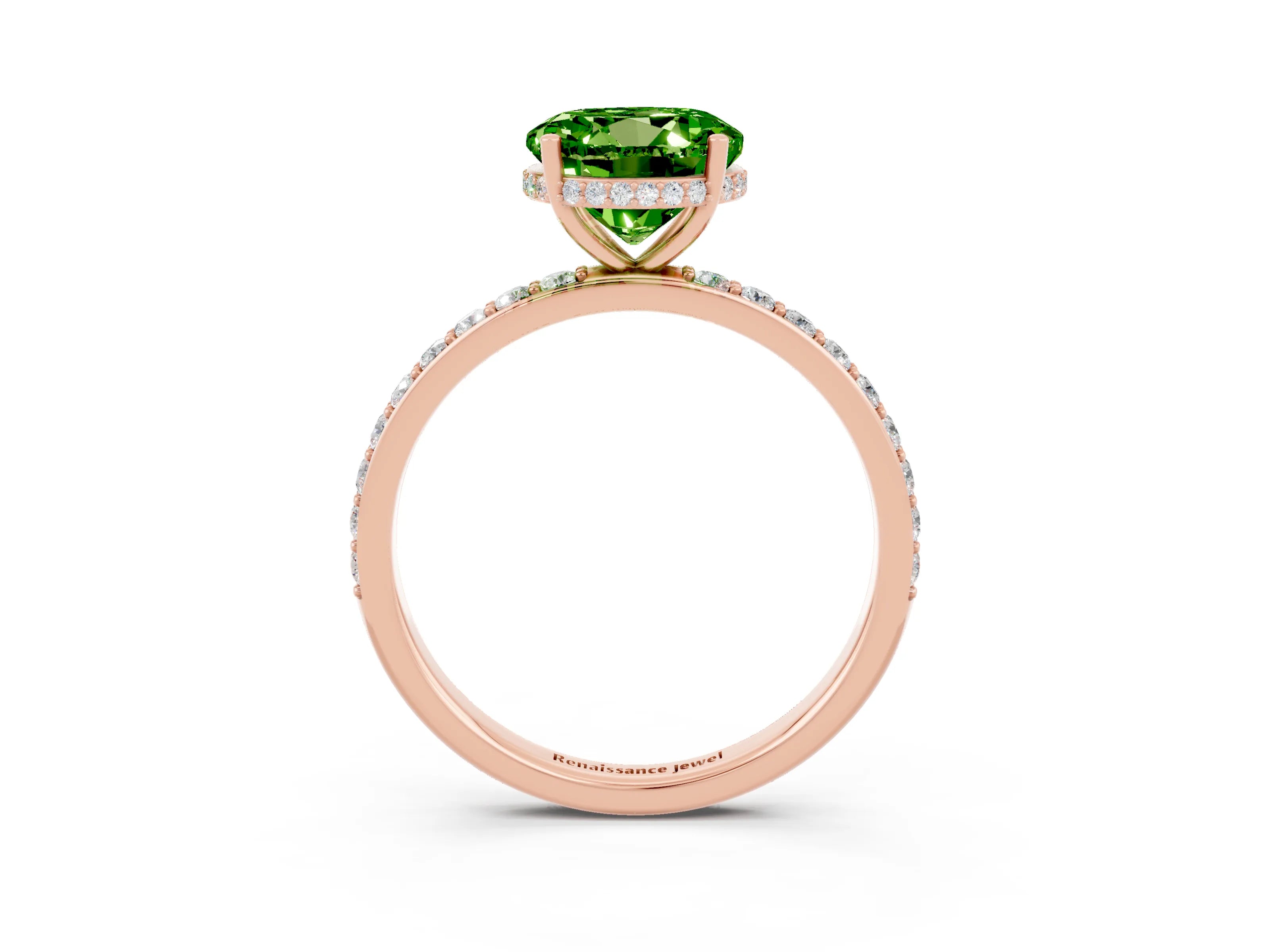 Rose gold Round Cut Peridot Solitaire Ring with Pavé Band and Hidden Halo_15
