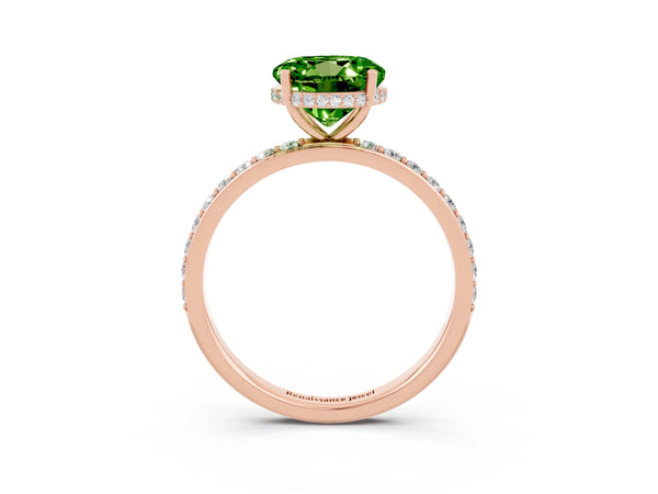 Rose gold Round Cut Peridot Solitaire Ring with Pavé Band and Hidden Halo