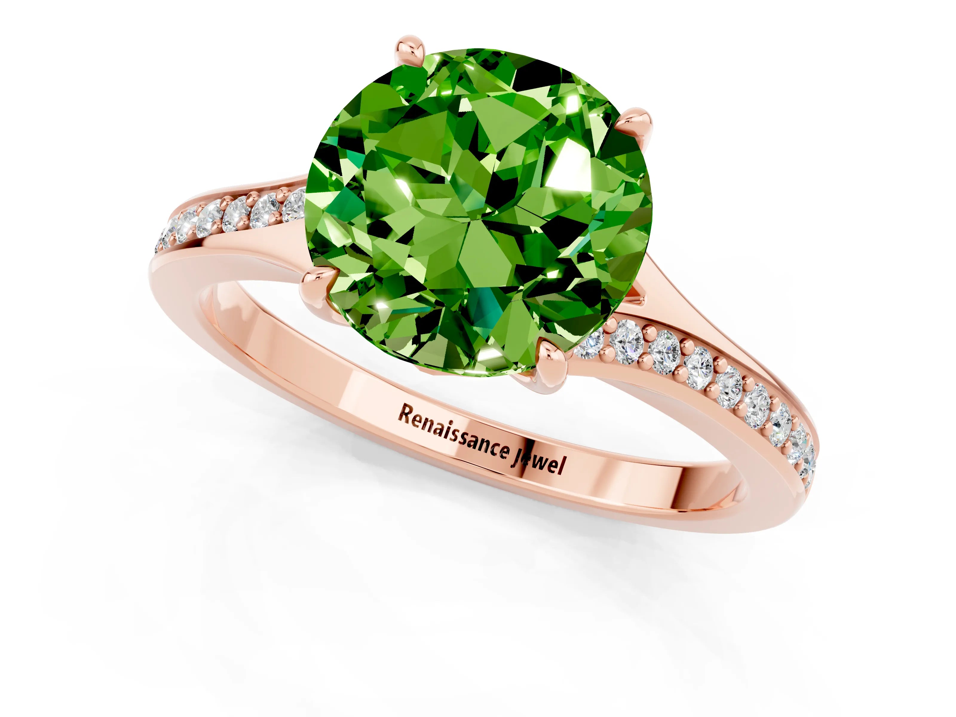 Rose gold Round Cut Peridot Solitaire Ring with Pavé Band and Prong Setting_13