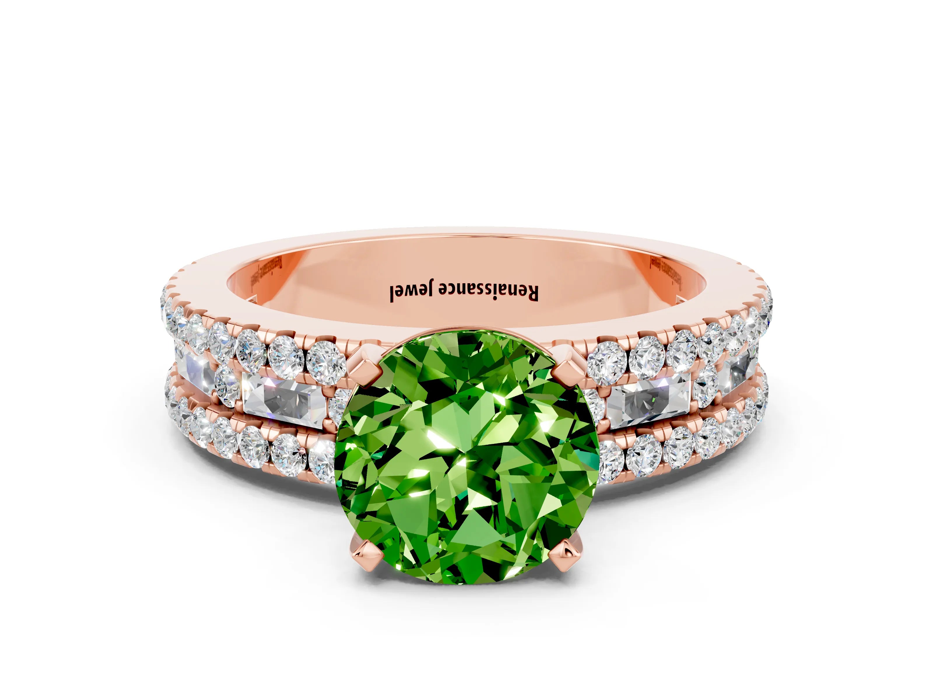 Rose gold Round Cut Peridot Solitaire Ring with Pavé and Channel Set Band