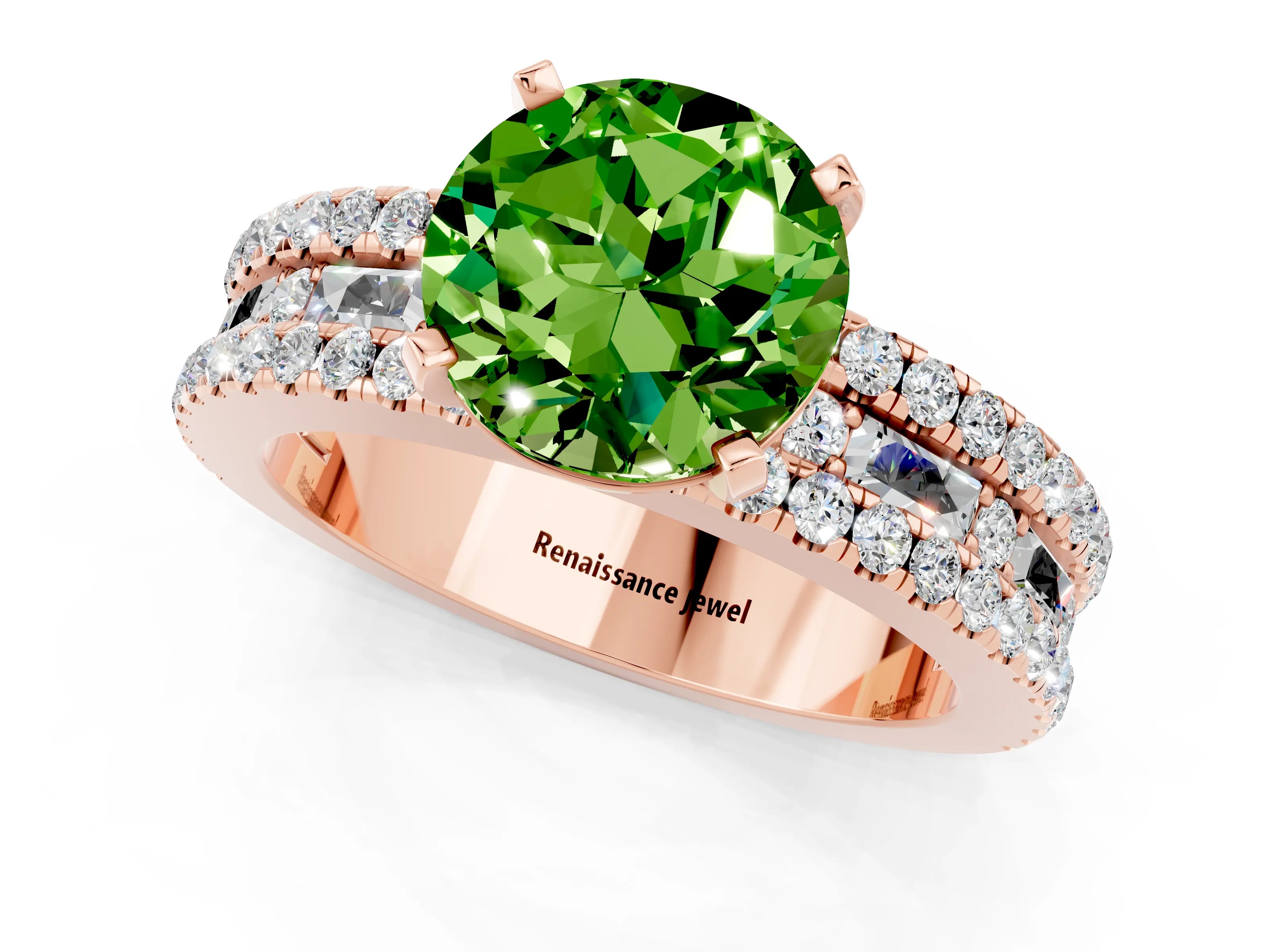 Rose gold Round Cut Peridot Solitaire Ring with Pavé and Channel Set Band_1