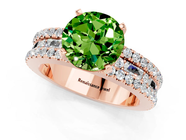 Rose gold Round Cut Peridot Solitaire Ring with Pavé and Channel Set Band