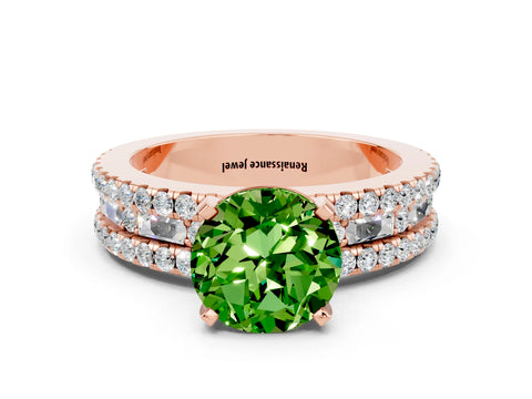 Rose gold Round Cut Peridot Solitaire Ring with Pavé and Channel Set Band