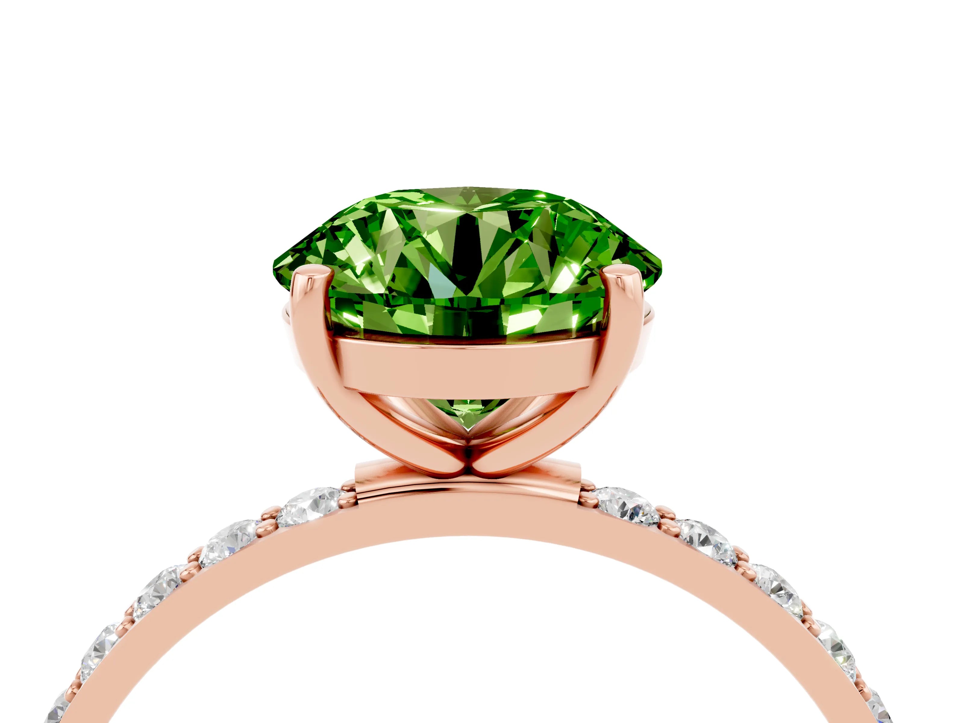 Rose gold Round Cut Peridot Solitaire Ring with Pave Band and Four Prong Setting_16