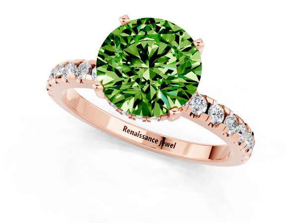 Rose gold Round Cut Peridot Solitaire Ring with Round  Pavé Band and Four-Prong Setting