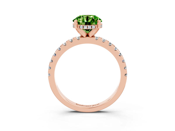 Rose gold Round Cut Peridot Solitaire Ring with Round  Pavé Band and Four-Prong Setting