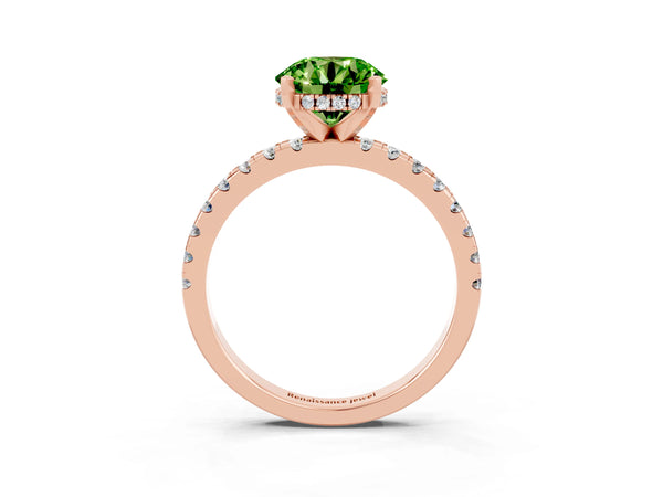 Rose gold Round Cut Peridot Solitaire Ring with Round Pavé Band and Four-Prong Setting