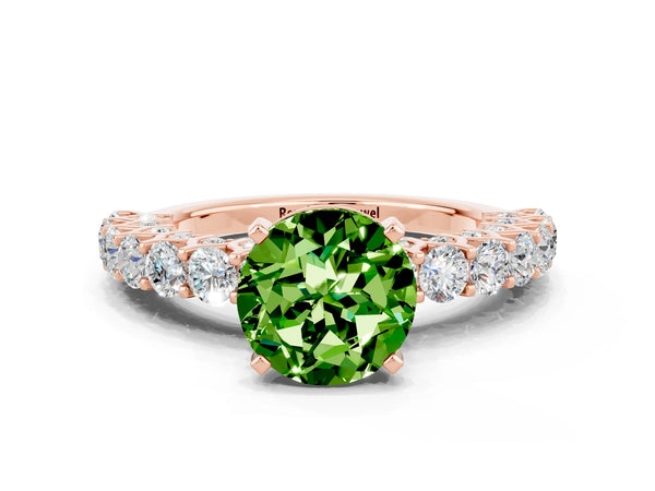 Rose gold Round Cut Peridot Solitaire Ring with Shared Prong Pavé Band and Four-Prong Setting