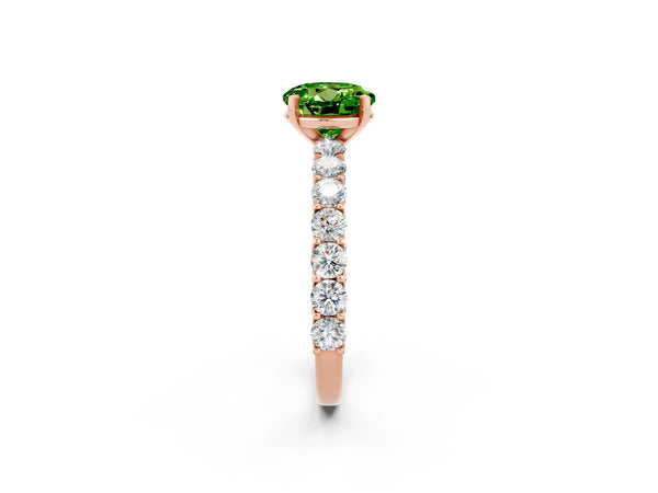 Rose gold Round Cut Peridot Solitaire Ring with Shared Prong Pavé Band and Four-Prong Setting