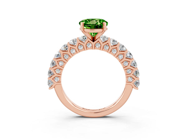 Rose gold Round Cut Peridot Solitaire Ring with Shared Prong Pavé Band and Four-Prong Setting