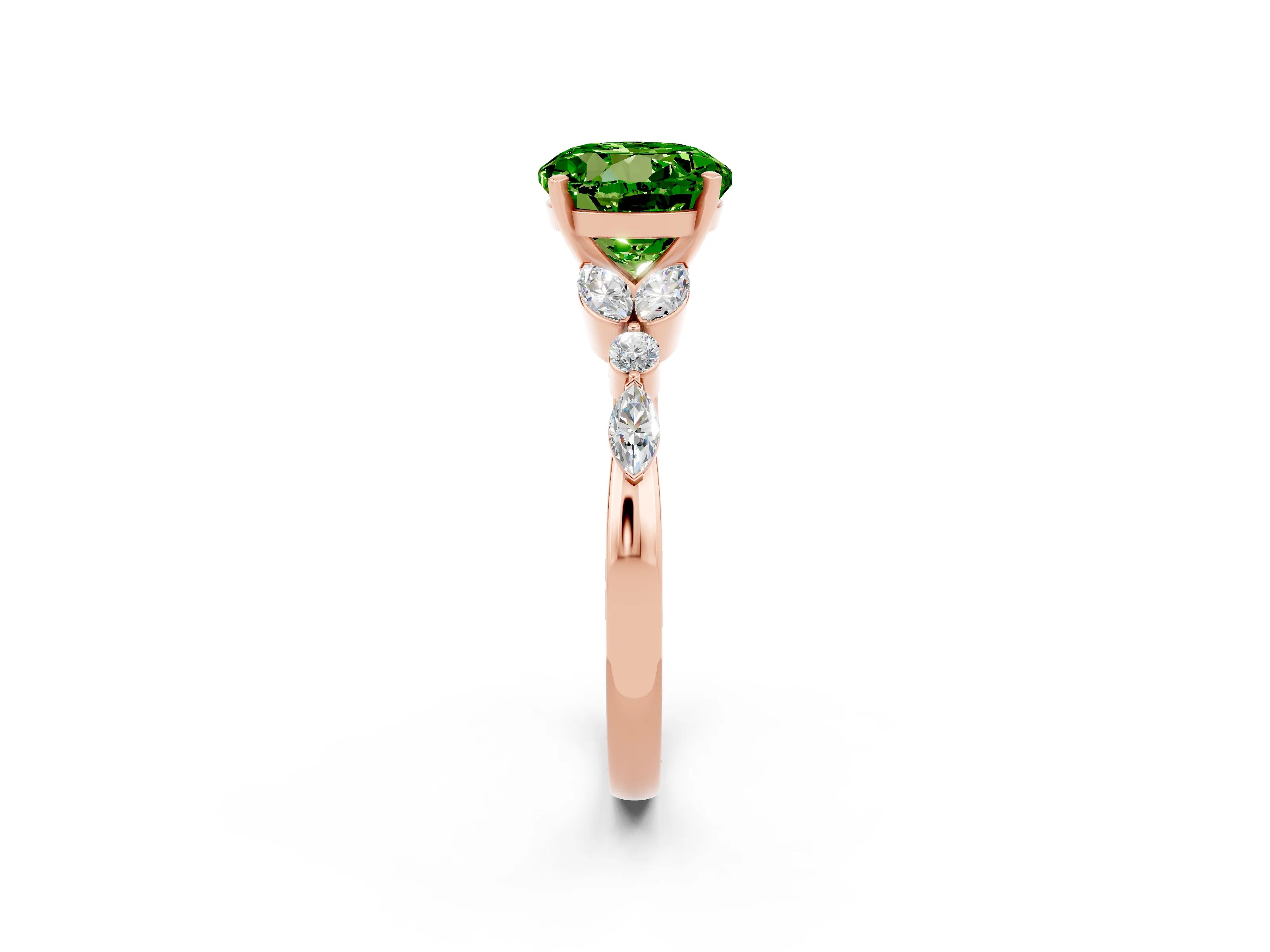 Rose gold Round Cut Peridot Solitaire Ring with Side Stones and Four-Prong Setting_14