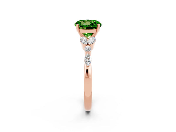 Rose gold Round Cut Peridot Solitaire Ring with Side Stones and Four-Prong Setting