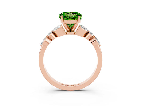 Rose gold Round Cut Peridot Solitaire Ring with Side Stones and Four-Prong Setting
