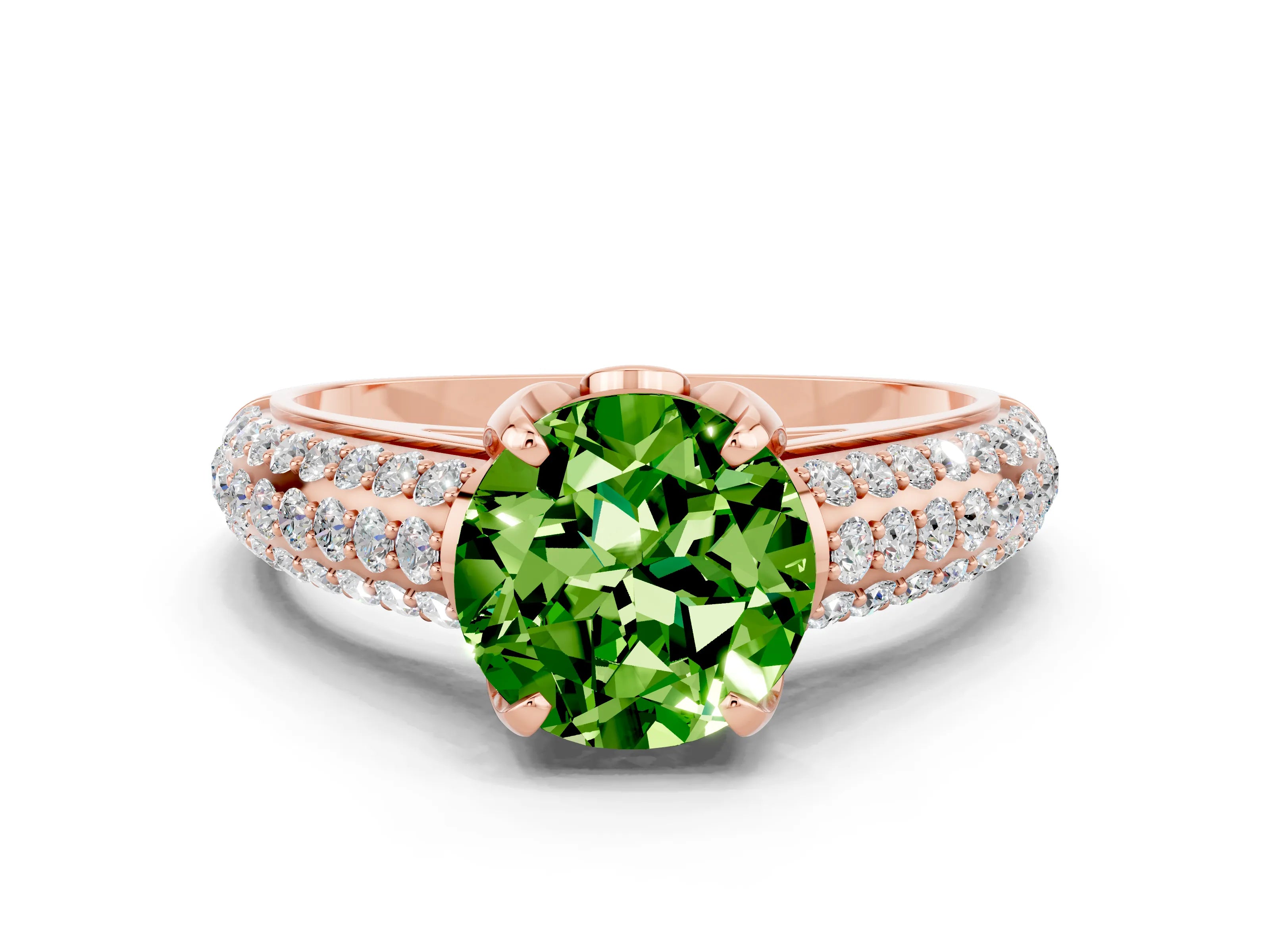 Rose gold Round Cut Peridot Solitaire Ring with Three-Row Pavé Band and Four-Prong Setting_12