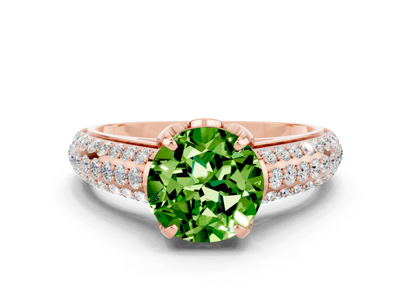Rose gold Round Cut Peridot Solitaire Ring with Three-Row Pavé Band and Four-Prong Setting