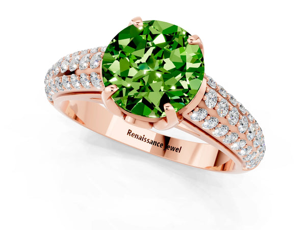 Rose gold Round Cut Peridot Solitaire Ring with Three-Row Pavé Band and Four-Prong Setting