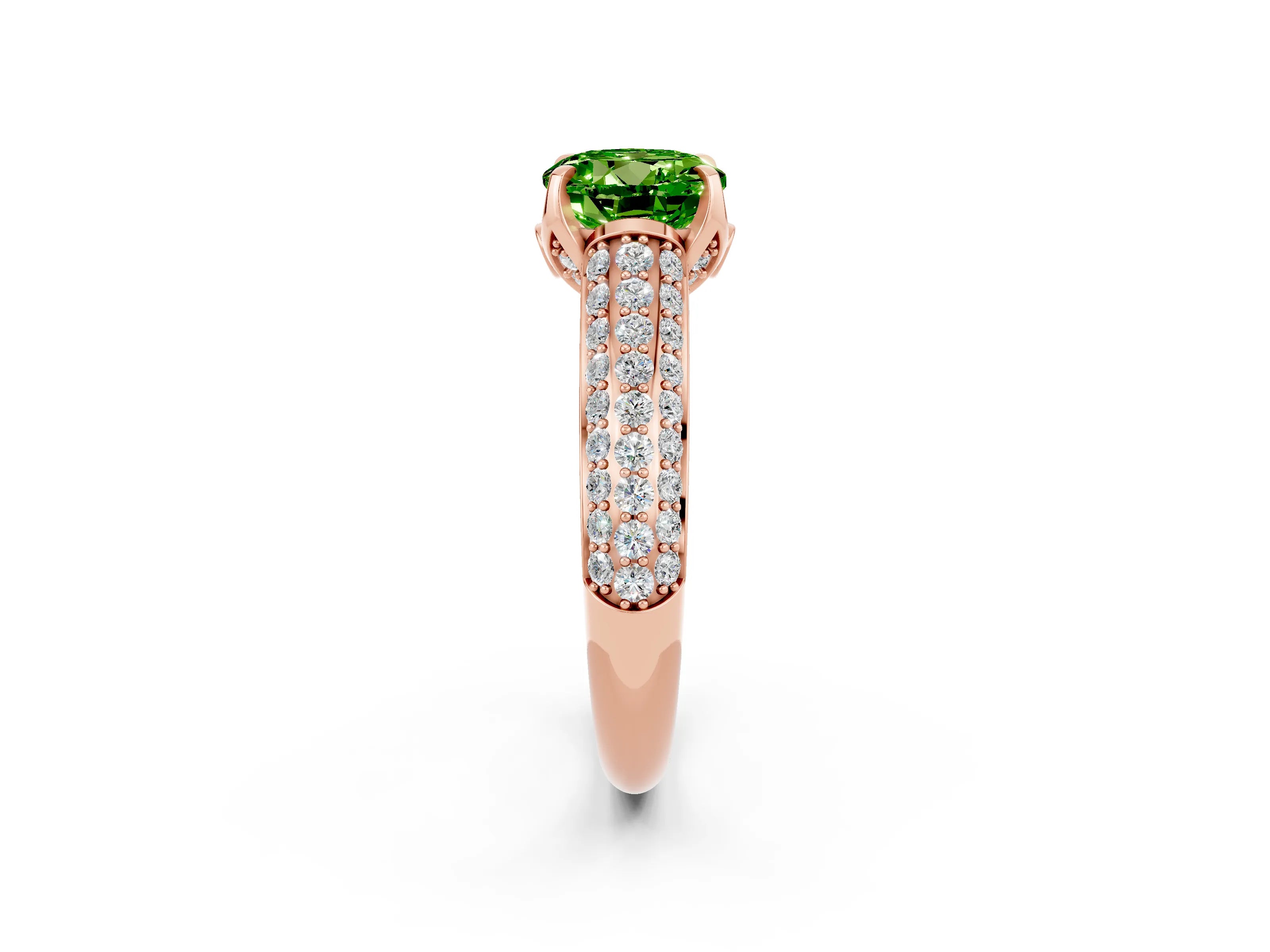 Rose gold Round Cut Peridot Solitaire Ring with Three-Row Pavé Band and Four-Prong Setting_14