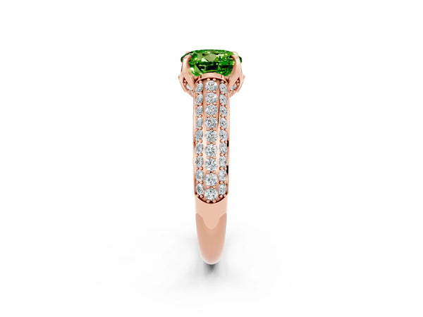 Rose gold Round Cut Peridot Solitaire Ring with Three-Row Pavé Band and Four-Prong Setting