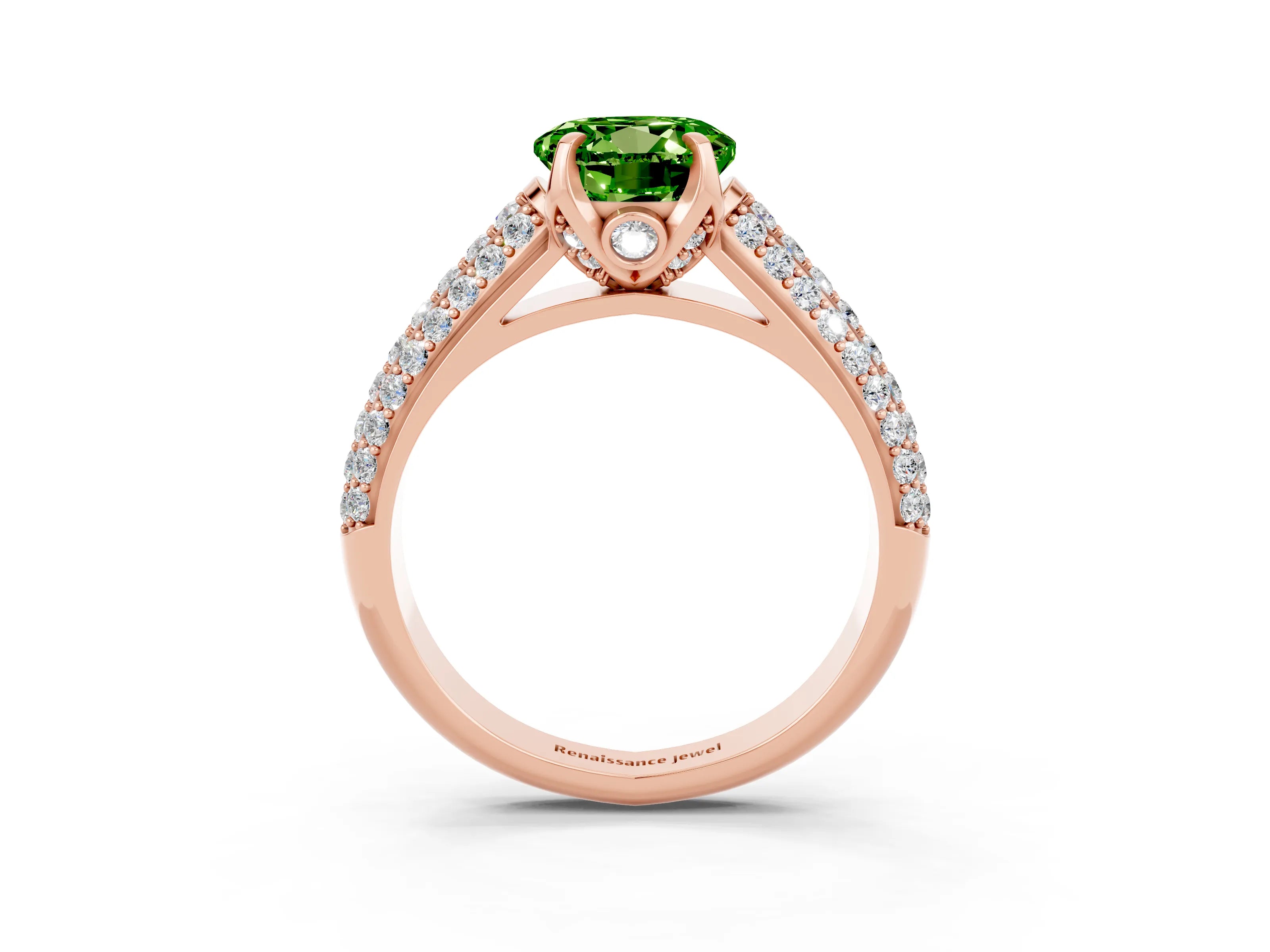 Rose gold Round Cut Peridot Solitaire Ring with Three-Row Pavé Band and Four-Prong Setting_15