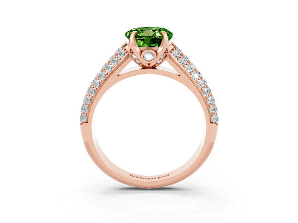 Rose gold Round Cut Peridot Solitaire Ring with Three-Row Pavé Band and Four-Prong Setting