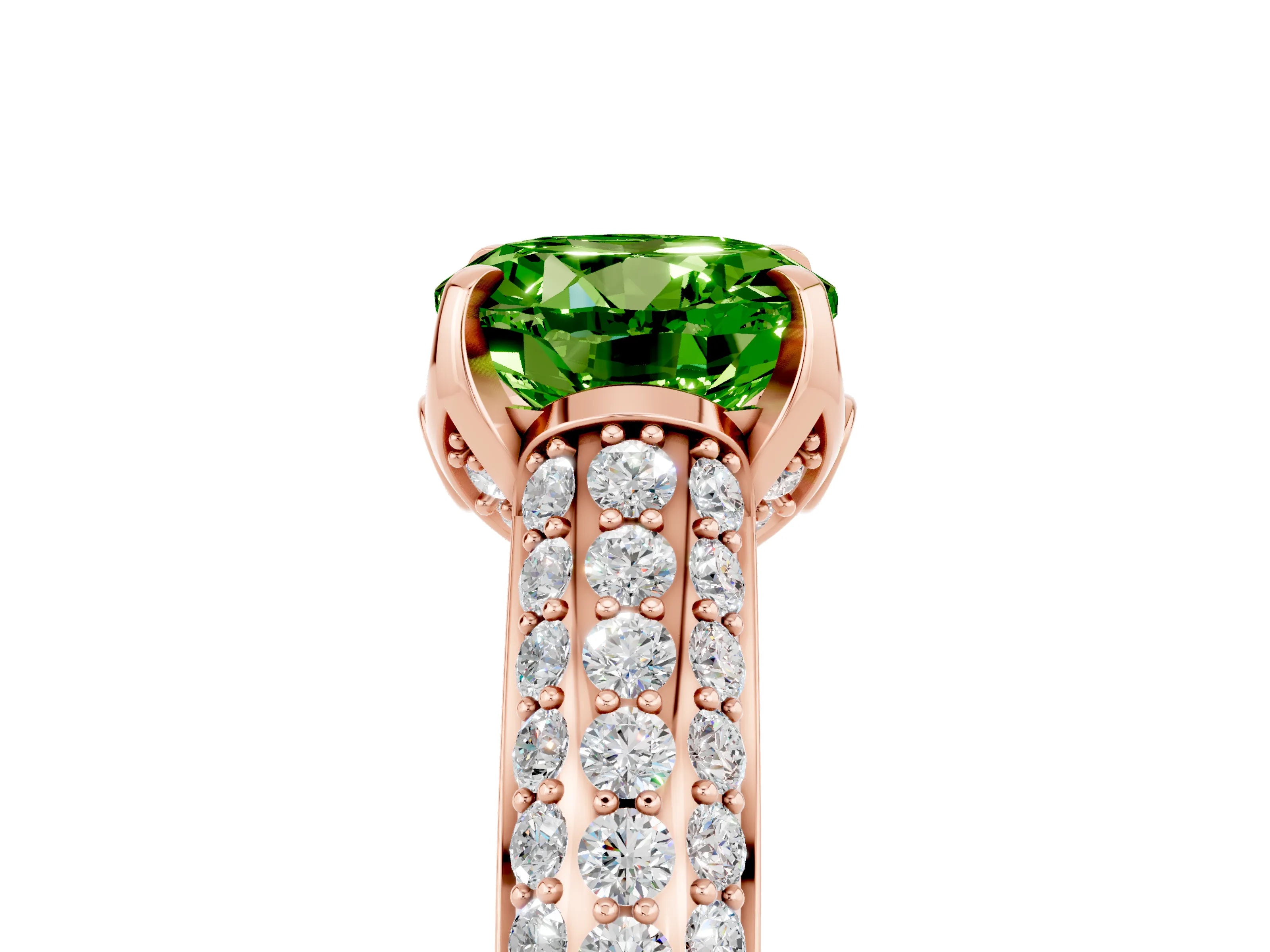 Rose gold Round Cut Peridot Solitaire Ring with Three-Row Pavé Band and Four-Prong Setting_17