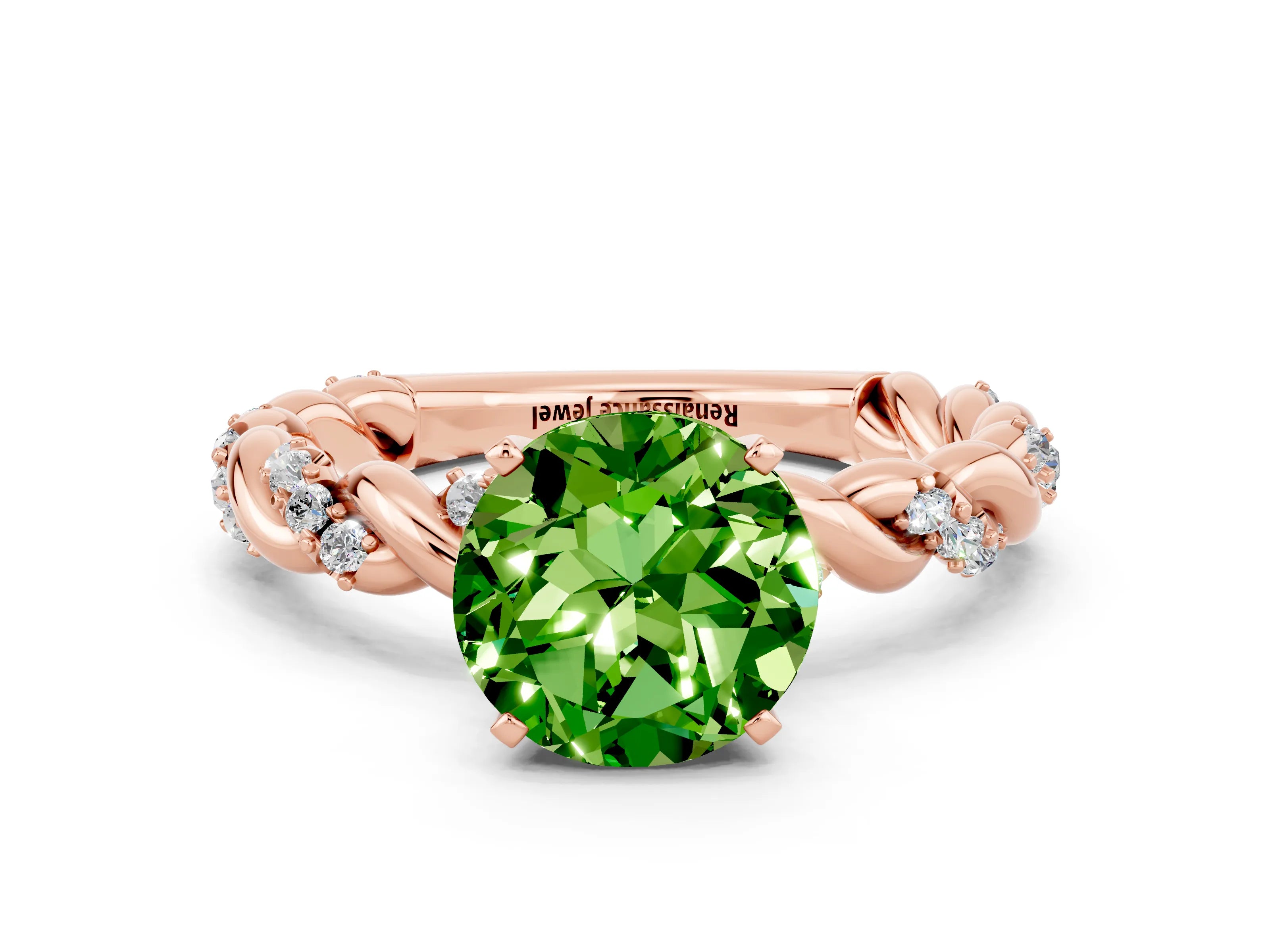 Rose gold Round Cut Peridot Solitaire Ring with Twisted Band and Pavé Accents