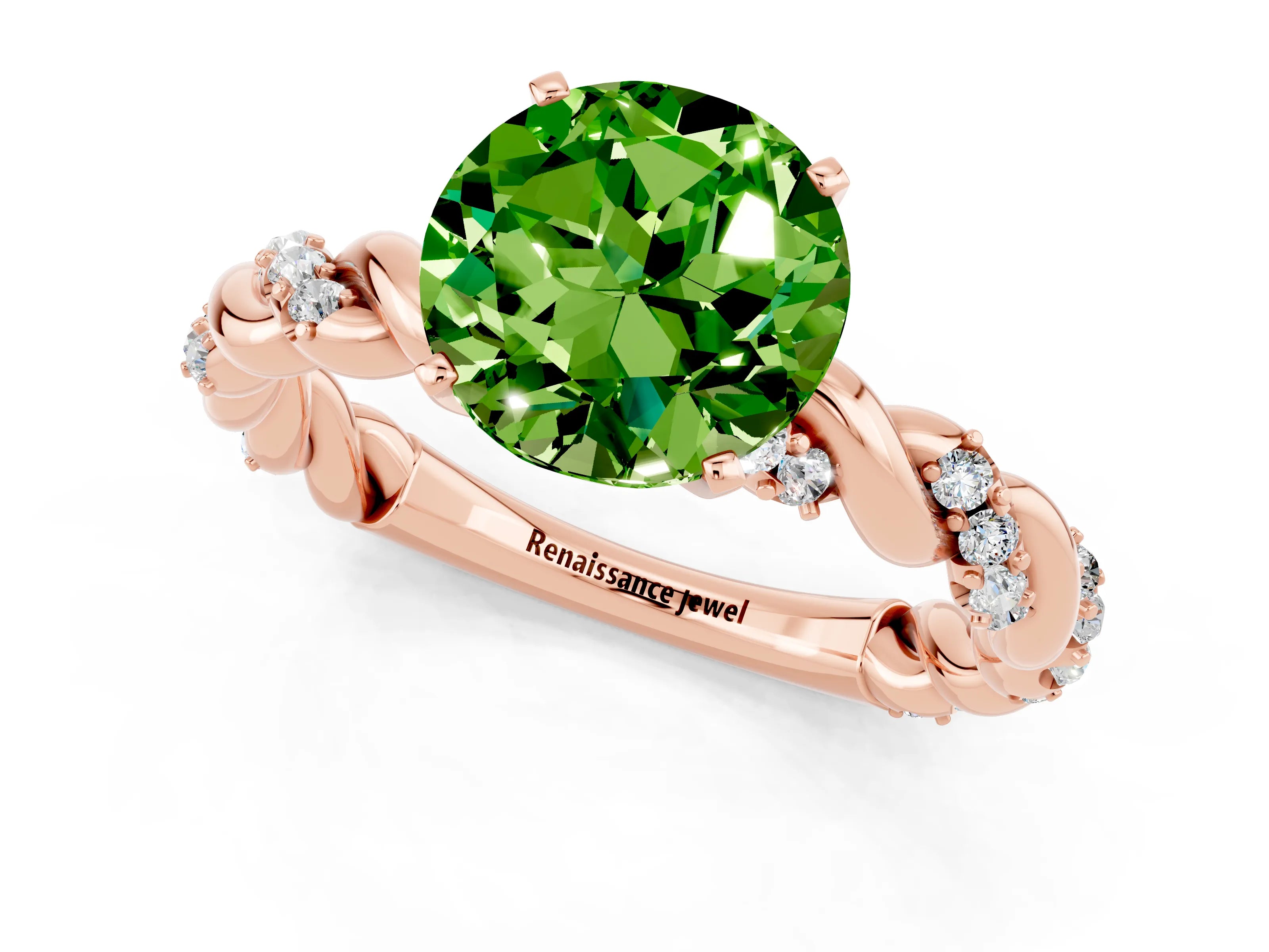 Rose gold Round Cut Peridot Solitaire Ring with Twisted Band and Pavé Accents_1