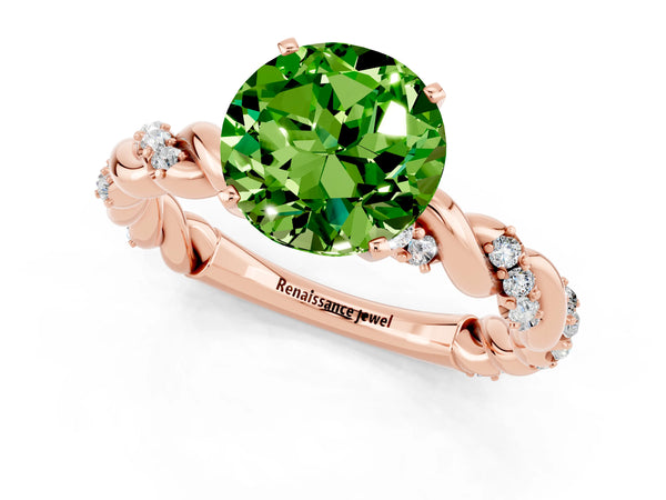 Rose gold Round Cut Peridot Solitaire Ring with Twisted Band and Pavé Accents