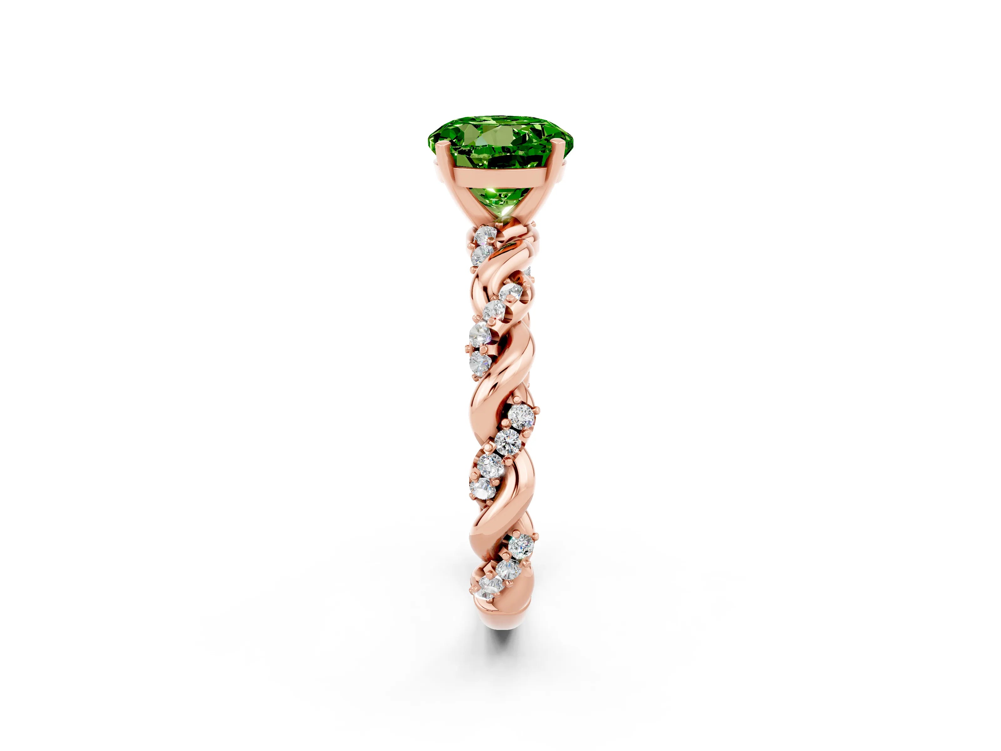 Rose gold Round Cut Peridot Solitaire Ring with Twisted Band and Pavé Accents_2
