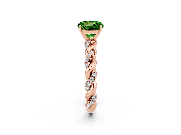 Rose gold Round Cut Peridot Solitaire Ring with Twisted Band and Pavé Accents