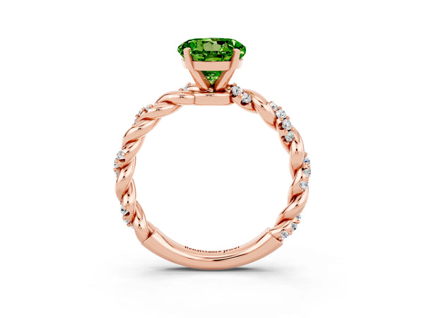 Rose gold Round Cut Peridot Solitaire Ring with Twisted Band and Pavé Accents